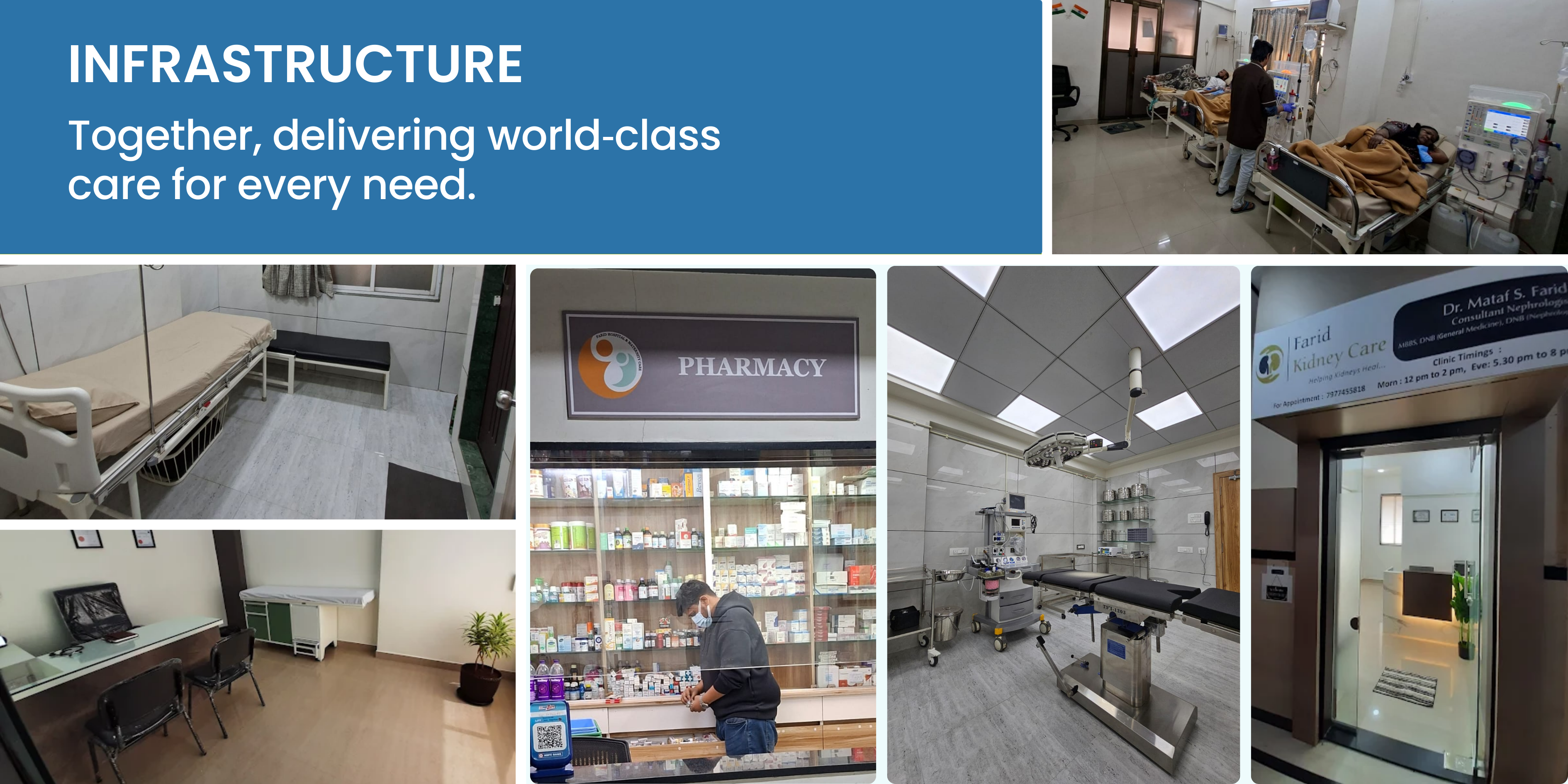 Farid Hospital services and departments in Kalyan West offering surgery, orthopedics, urology, and more.
